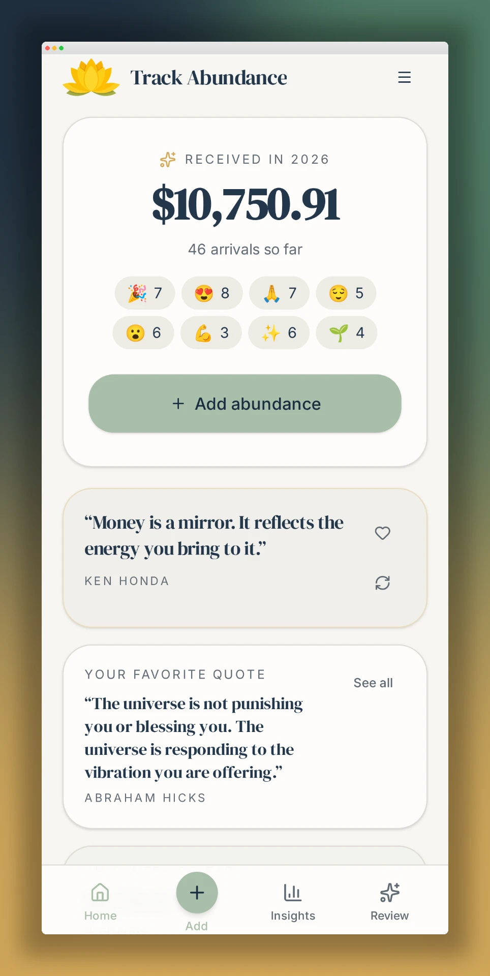 Track Abundance dashboard showing yearly inflow totals, feeling counts, quotes, and navigation